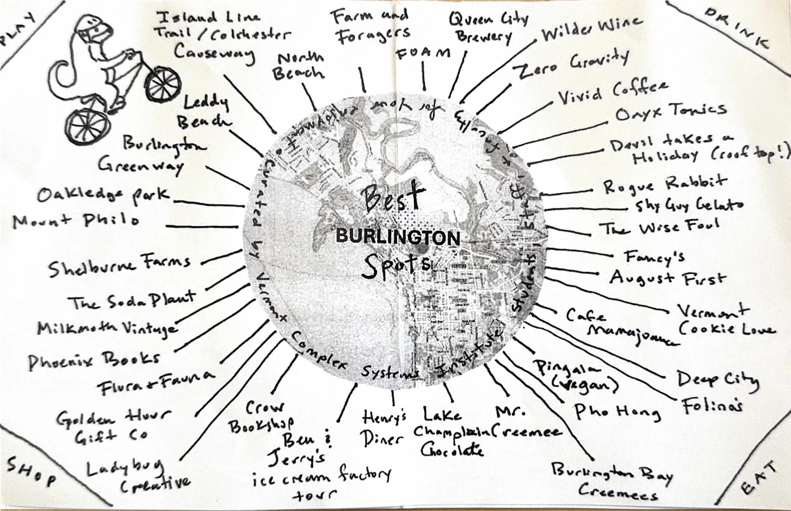Hand-drawn map of our favorite Burlington spots to play, drink, eat, and shop
